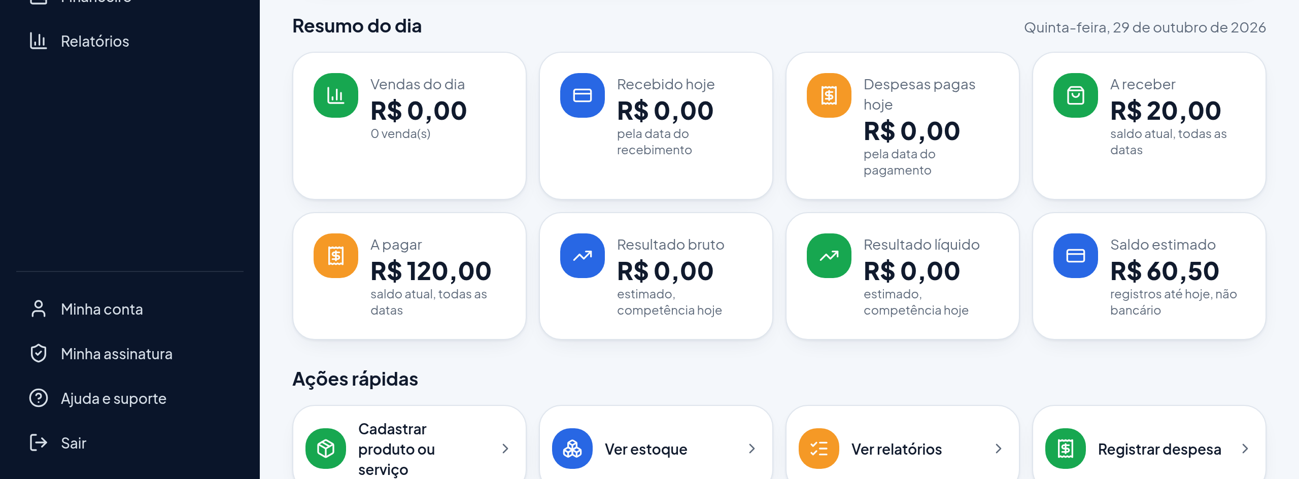 Painel inicial do LoveGestor com o resumo do dia